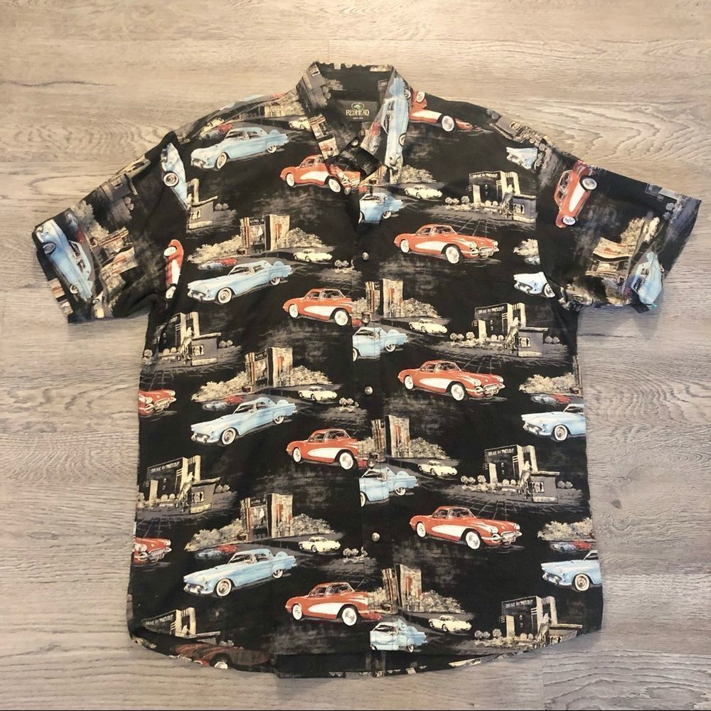 Vtg 90s REDHEAD Short Sleeve Black 80s Themed Button Shirt Flannel Men's Large